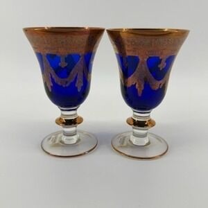 Horchow Set of 2 Cobalt Blue and Gold Gilded‎ Stemware Glasses Made in Italy